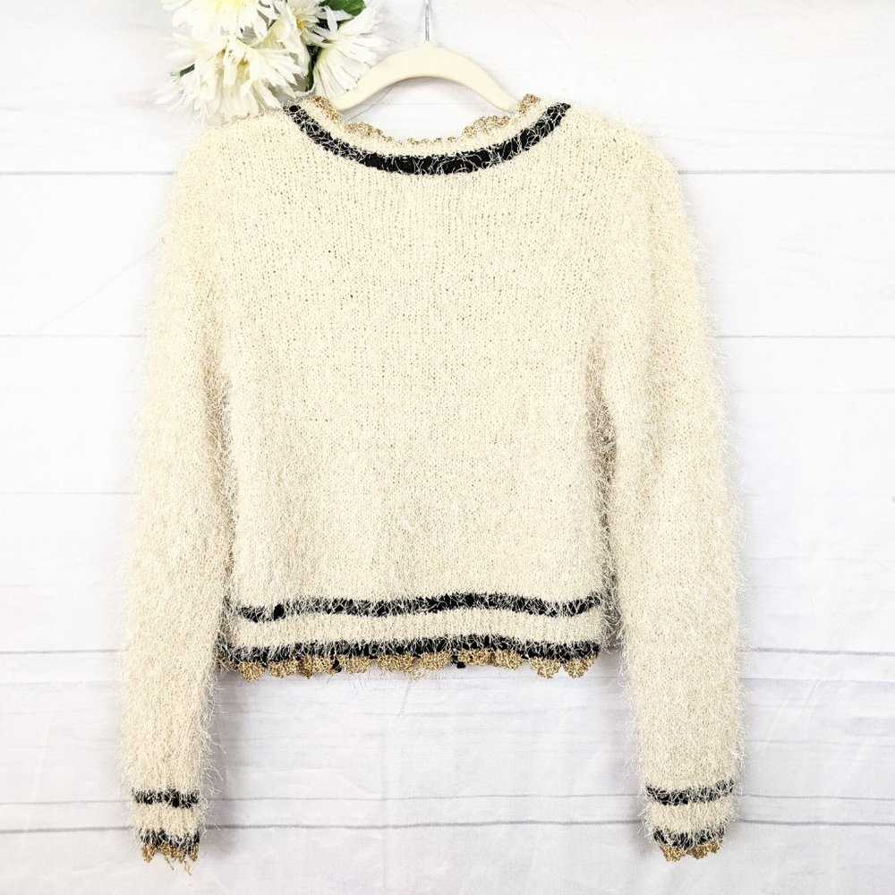 Anthropologie Ceres Cream Gold Eyelash Cardigan - Picture 6 of 7